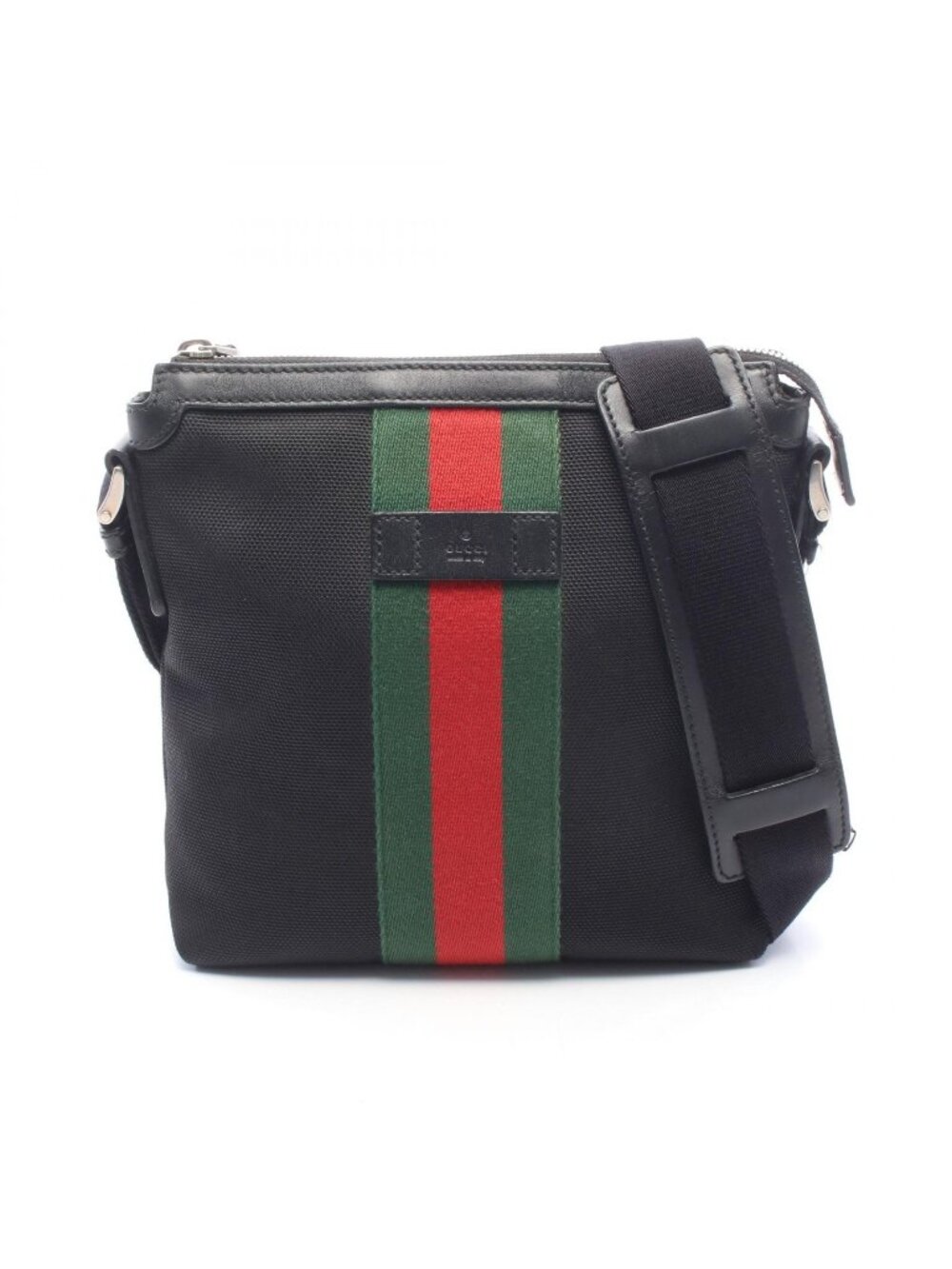 Gucci Shoulder Bag Web Stripe Flat Messenger Black Leather Sherry Line